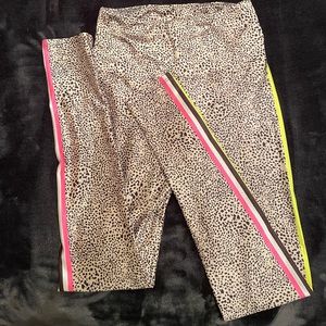 GoldSheep cheetah leggings with neon pink and green stripe on the side